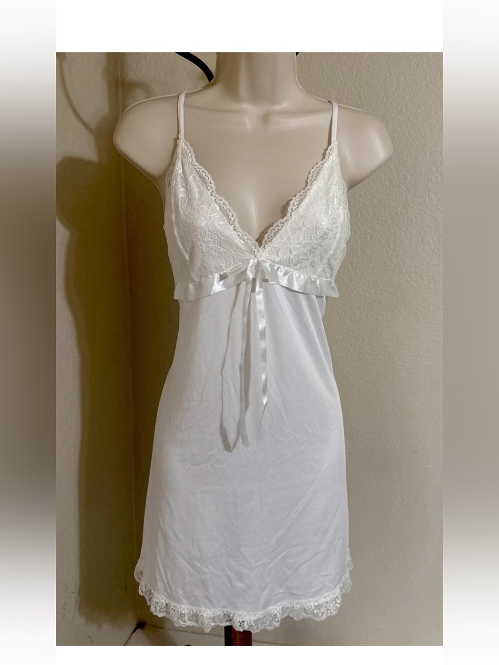 White Lace Trim Satin-Accent Chemise Nightgown